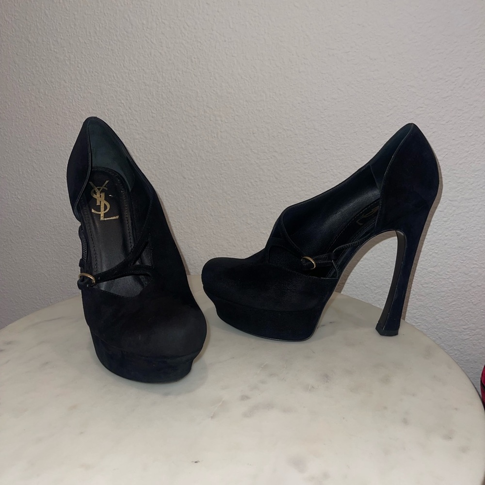 YSL Saint Laurent Black Suede Buckle Cut-Out Maryjane Platform Pumps - Picture 10 of 12